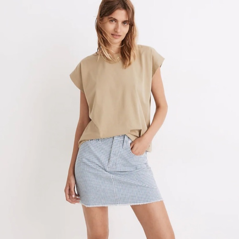 Madewell Gingham Stretch Straight High Waist Denim Mini Skirt Raw-Hemmed F50